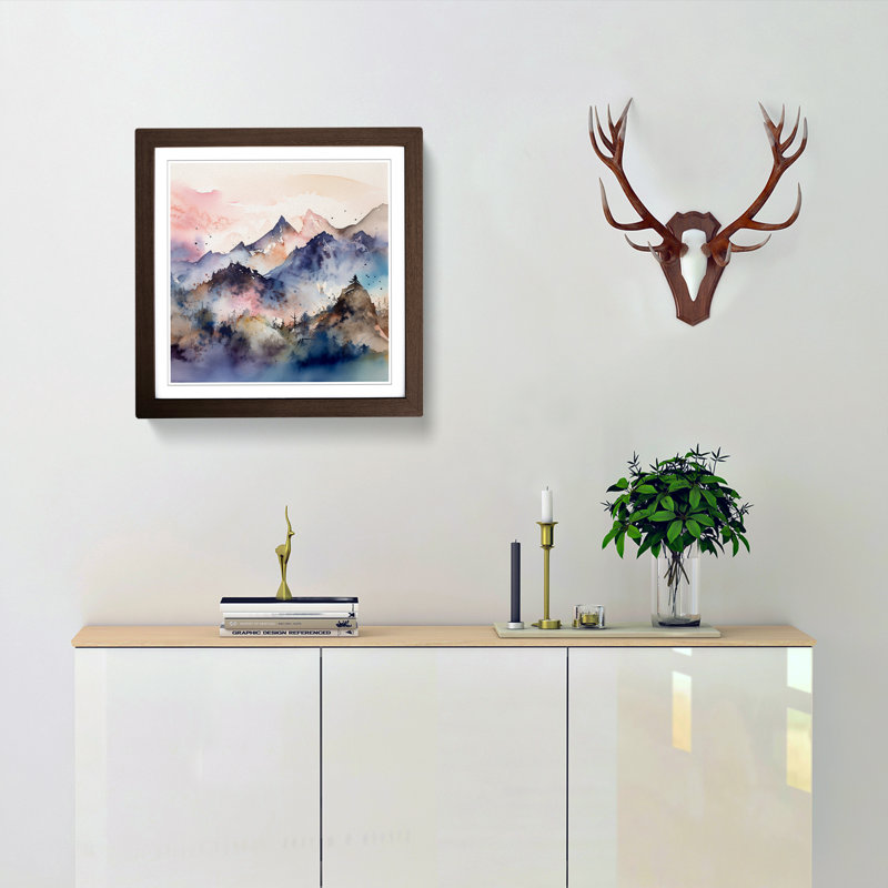 Japanese Mountains Watercolour No.1 - Single Picture Frame Print on Wood, Walnut