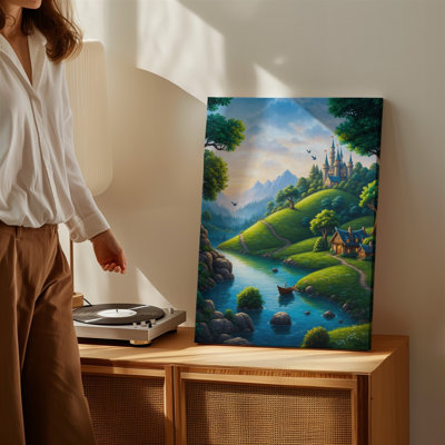 Toile, art fantaisiste, paysage de conte de fées mettant en vedette un majestueux château niché au milieu des vertes collines avec des tours pointues