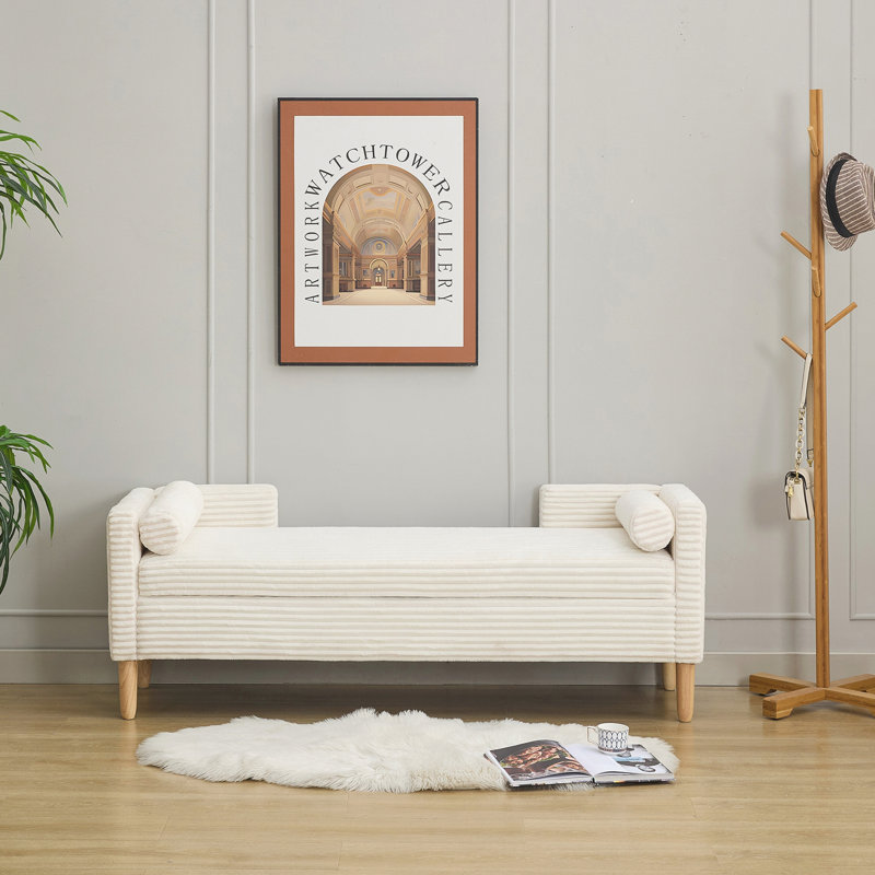 Banc de rangement rembourré en velours côtelé, Ivory, Ivory