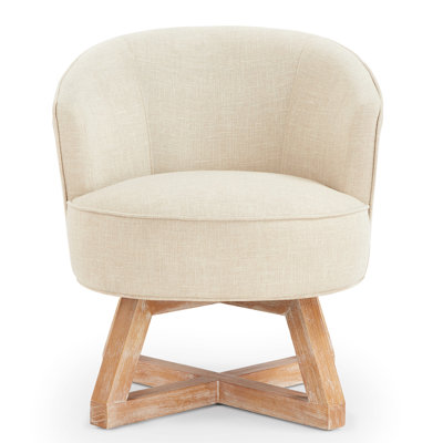 Chaise pivotante en lin beige avec coussin à 360 ° et base en bois