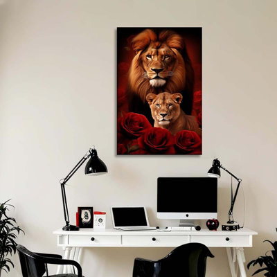 Lion Canvas Wall Art Lion And Lioness Decor Rose Flower Picture Animal Painting Contemporary Artwork