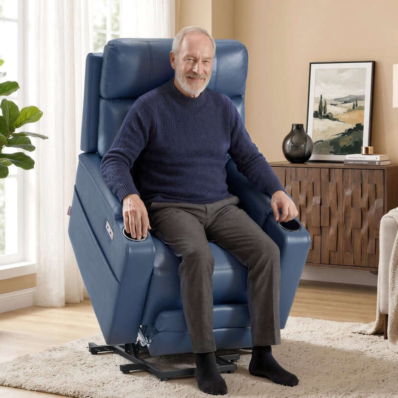 Dual Motor Lay Flat Power Recliner Lift Chair with Heat and Massage, Faux Leather, Blue