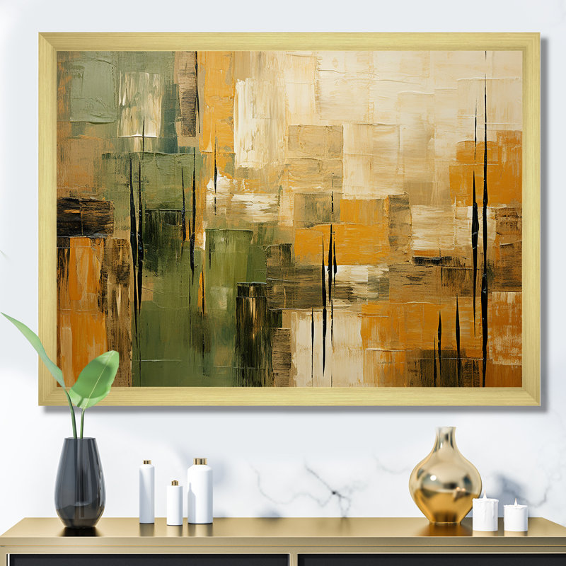 "Green beige Wild Essence Collage I - Tachisme", art mural sur toile, H 34 po x l 44 po, Impression encadrée, Doré