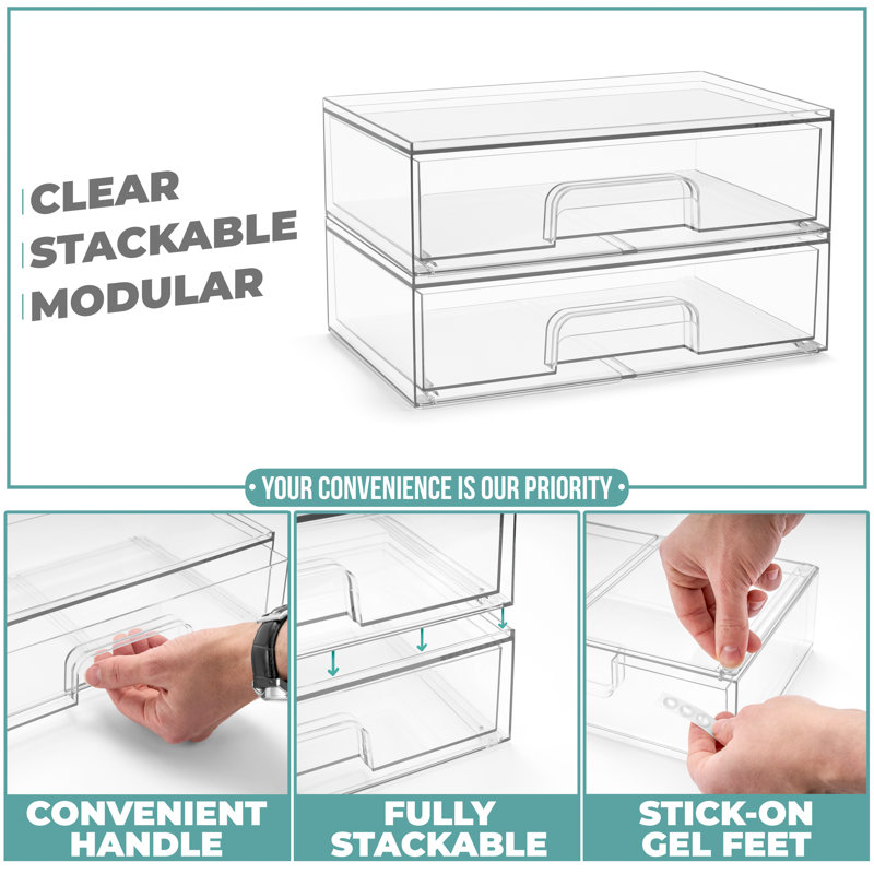 Sorbus Acrylic Storage Containers with Pull-Out Drawers - 2 Pack, 12.1" Wide Clear Stackable Storage Bins Set for Bathroom Organization