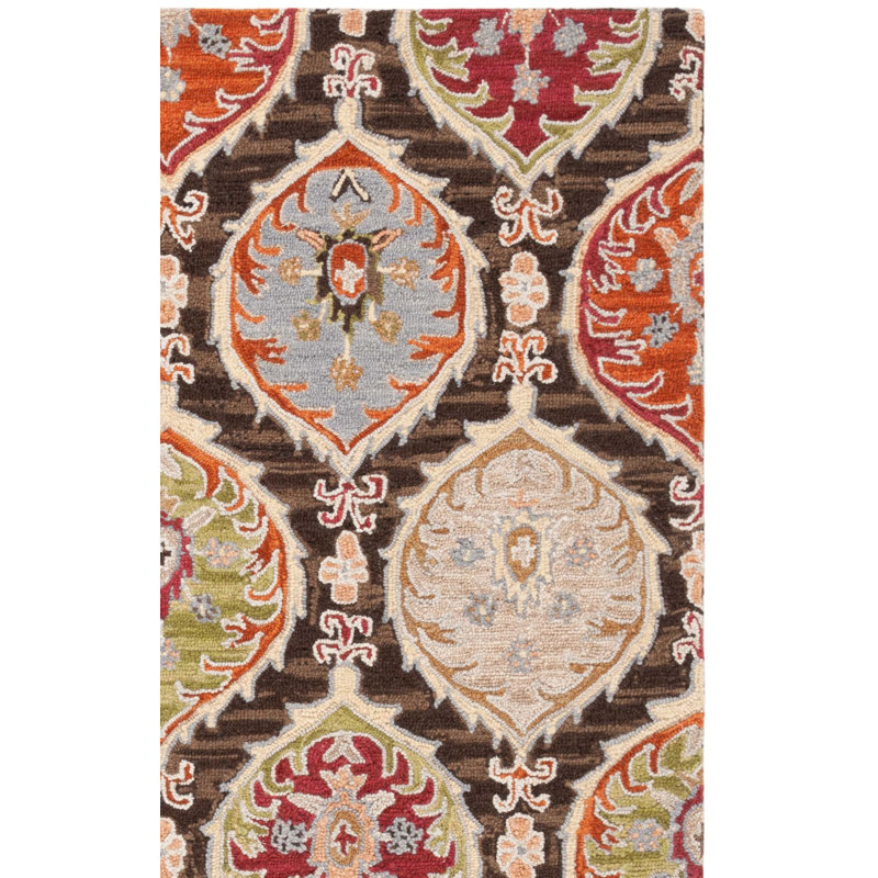 Roshanta Hand Tufted Wool Cotton Damask Rug in Red/Green, Rectangle 5' x 8'