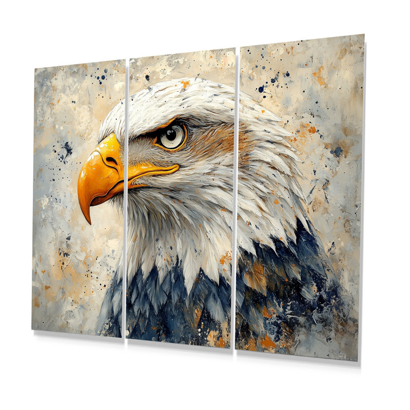 Portrait d'aigle chauve jaune et bleu, Métal métal, H 28 po x l 36 po x P 1 po