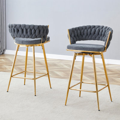 Two-Piece Rotating Swivel Chair, Dark Gray Cotton And Linen Soft Seat, Golden Metal Legs, Rust-Proof And Wear-Resistant, Suitable For Restaurant/Bar High Tables, Lightweight Single Unit