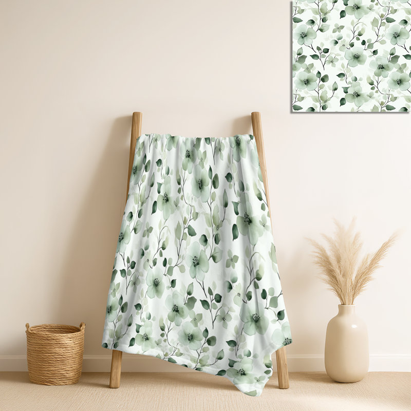 Willow Green Blooms – Floral Soft Blanket, Rustic Plush Throw