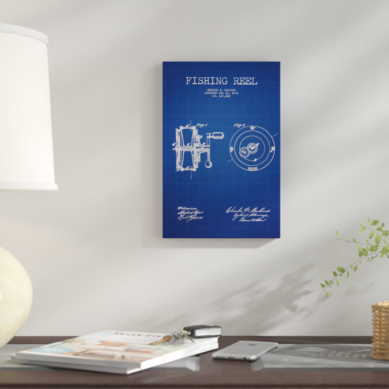 Charles W. MacCord Fishing Reel Patent Sketch (Blue Grid) by Aged Pixel - Gallery-Wrapped Canvas Giclée, No Mat