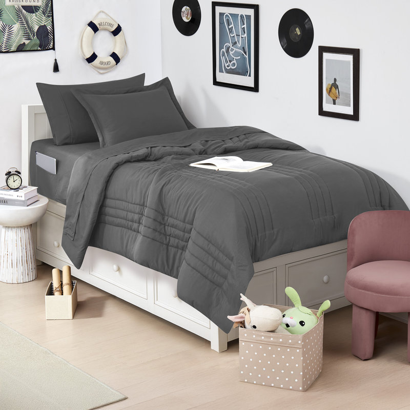 6 Piece Quilted Solid Stripe Comforter, Sheet Set And Mattress Protector Bedding Bundle, Twin, Charcoal