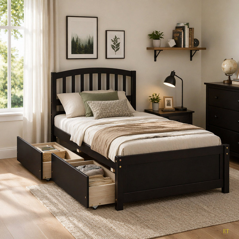 Twin Platform Storage Bed Wood Bed Frame With Two Drawers And Headboard, Espresso