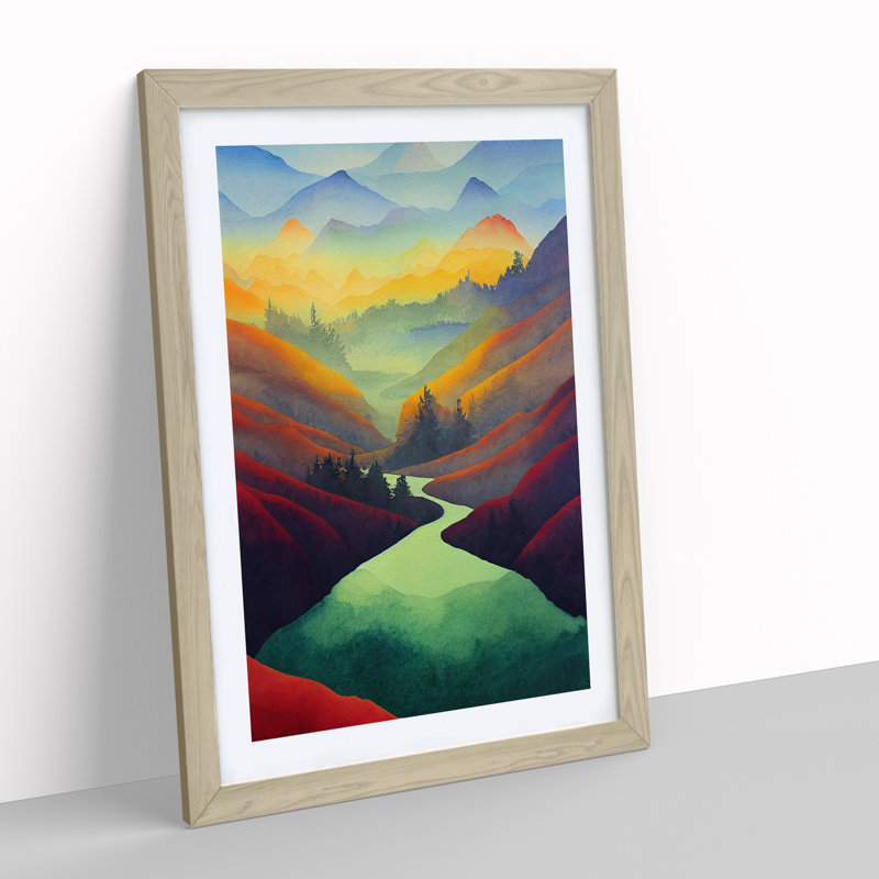 River Landscape Colourful No.1 - Framed Print, 34cm H x 25cm W x 2cm D, Oak