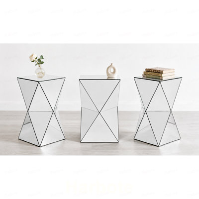 Silver Mirrored Geometric Side Table, Modern Luxe Accent End Table, Reflective Mirror Decorative Nightstand for Living Room, Bedroom, Sofa Side