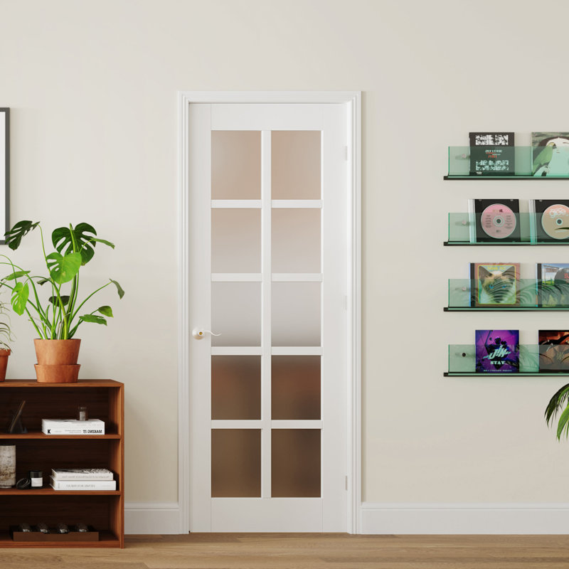 Porte intérieure française pré-suspendue double à 10 panneaux en verre givré de style moderne, cadre ajustable, blanc massif et bois manufacturé avec cadre et poignée (ensemble de 2)