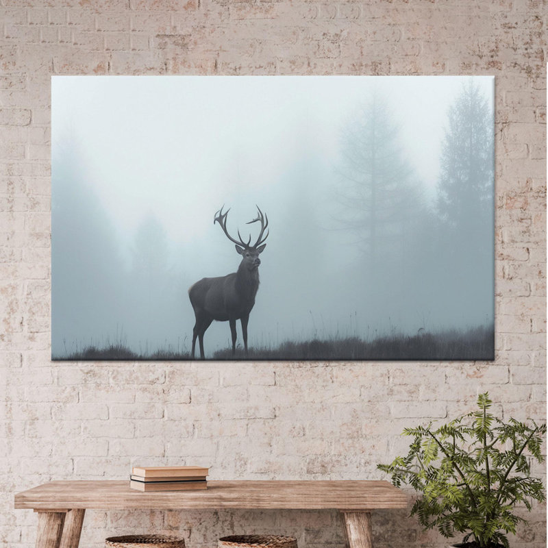 Toile imprimée: art mural cerf, décor de paysage brumeux, toile tendue 1P, H: 23,6 po x l: 35,4 po