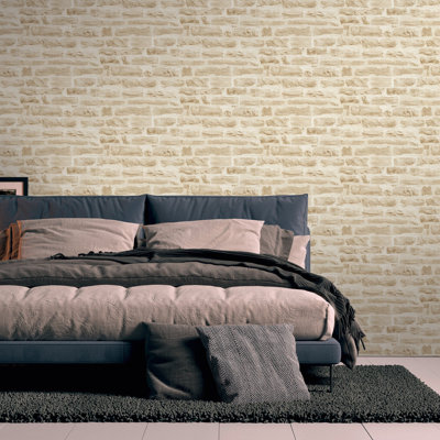 Bricks and More Collection Rocky Brick Motif Wallpaper Roll