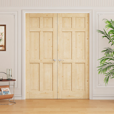 Interior 6-Panel Pine Wood Door, Colonial Natural Solid Pine Double French Doors, White Frame & Satin Nickel Hardware-Privacy Door Lever with Lock, Latch & Hinges, Unfinished & Paintable, Pantry, Room, Bedroom, Bathroom & Closet, 60"x 80"