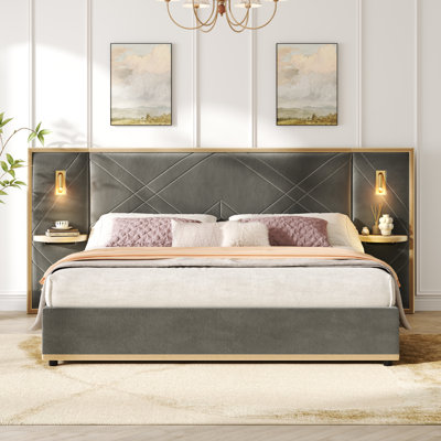 Calviano Upholstered Platform Bed With Wingback Headboard, LED Lighting, And Storage Side Panels