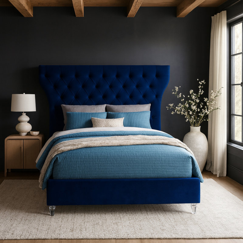 Kira Dympha Velvet Bed, Queen, Navy Velvet
