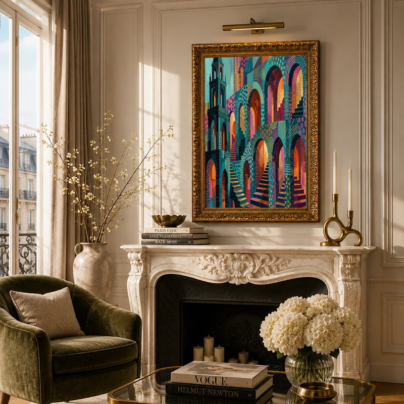 Art mural toile sarcelle et orange, H 20 po x l 30 po