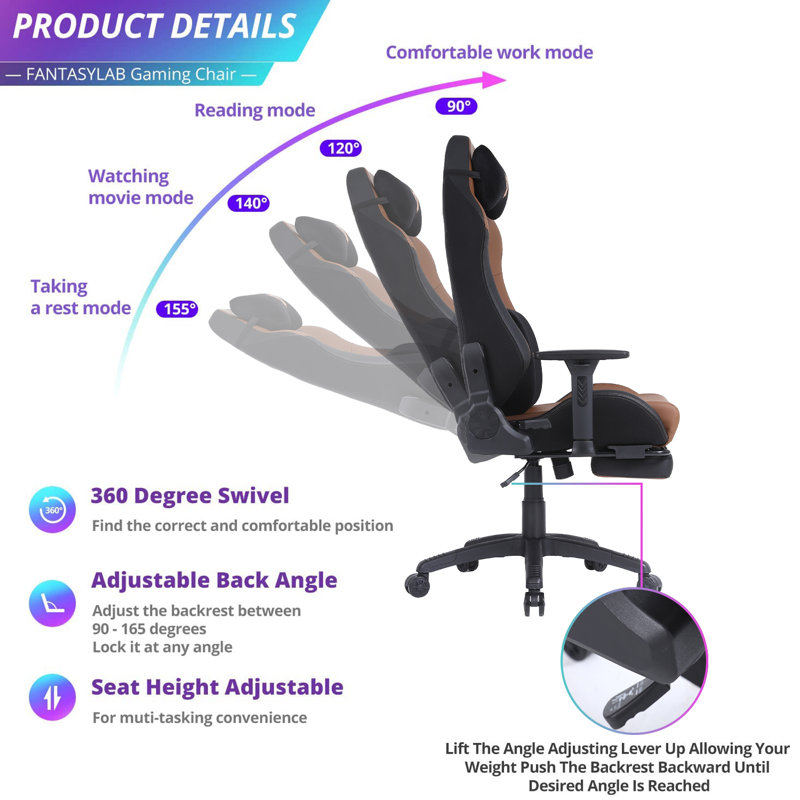 Inbox Zero Adjustable Reclining Ergonomic Faux Leather Swiveling PC & Racing Game Chair with Footrest, Brown