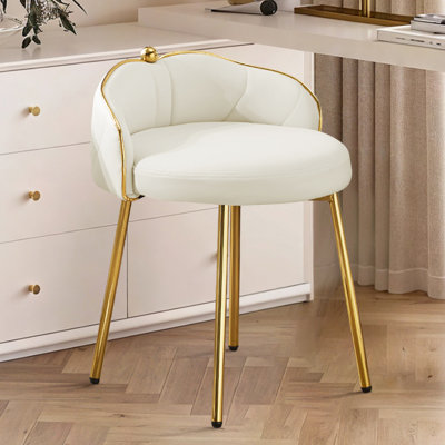 360° Swivel Vanity Chair with Low Back Accent Stool Makeup Chair for Bedroom Bathroom and Living Room, Faux Leather, White