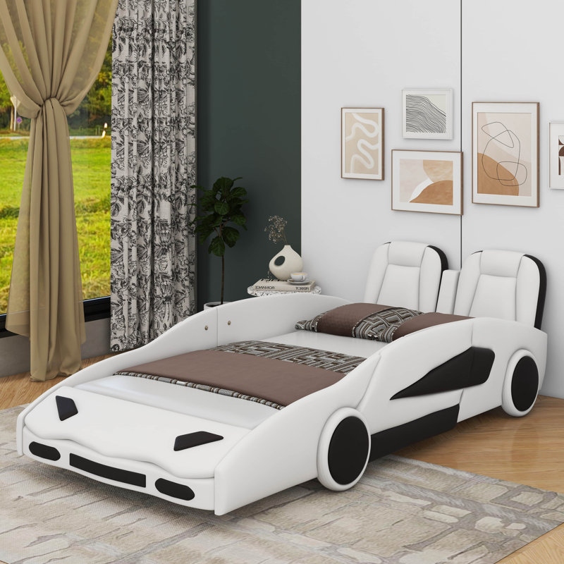 Lit plateforme simple en forme de voiture avec roulettes, Blanc