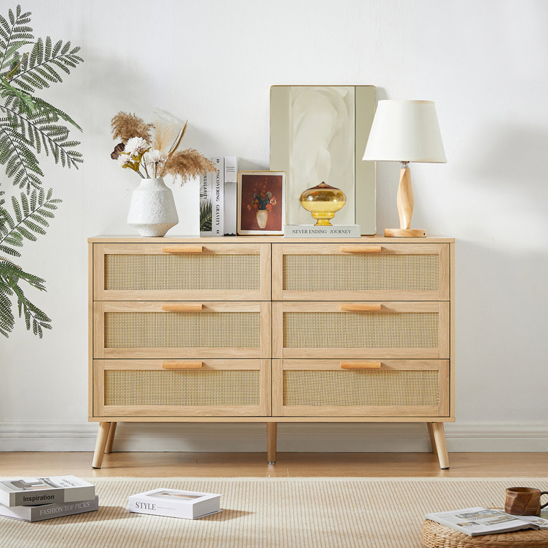 Commode contemporaine 6 doubles avec tiroirs en rotin