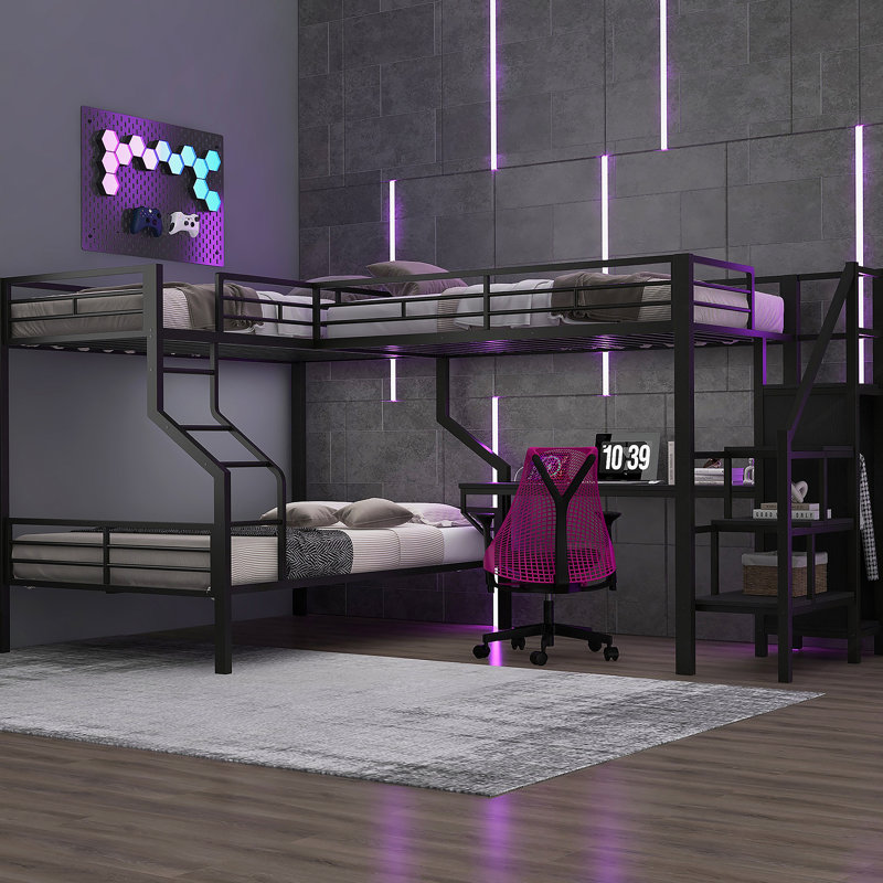 Twin Over Full L-Shaped Bunk & Loft Bed, Built-In Wardrobe And Desk With USB