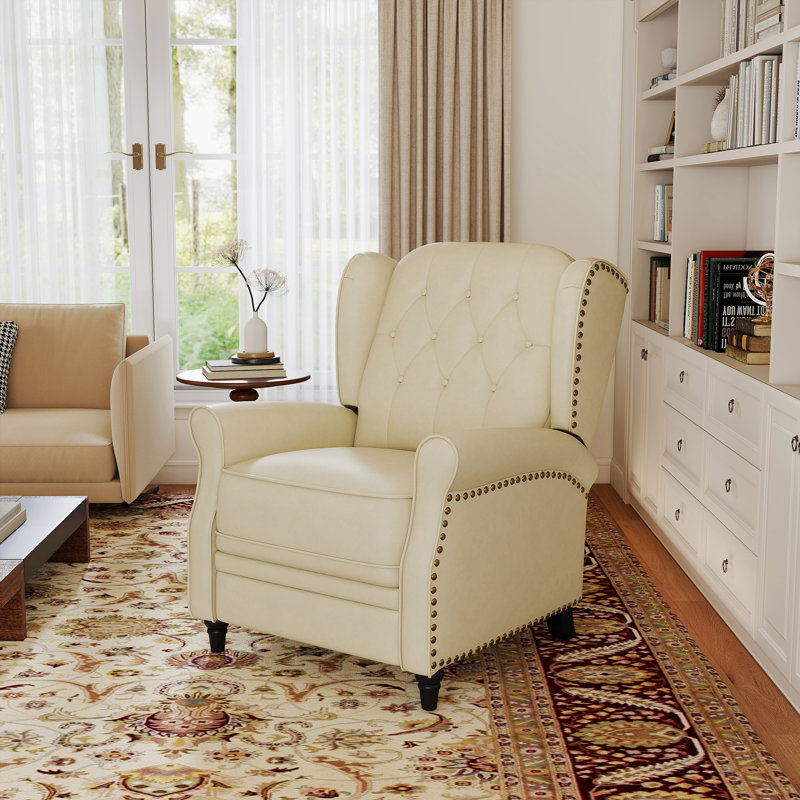 31.1" Wide Classic Top Grain Leather Push Back Recliner With Wingback Design, Beige crème