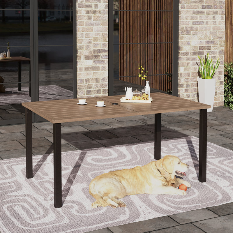 Rectangular Metal Outdoor Dining Table With Umbrella Hole , 152.4cm W 91.4cm D, Brown