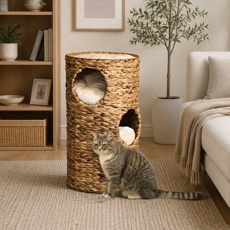 Lit surélevé pour chat PawHut avec trois cachettes et quatre coussins moelleux, niches pour chatons tissées à la main en plusieurs couches
