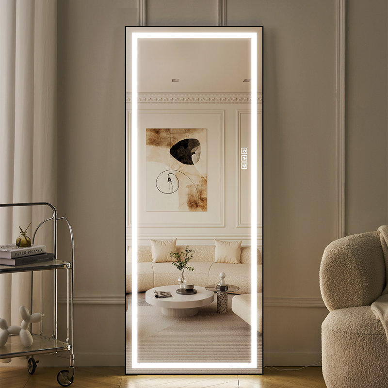 Modern Full Length LED Mirror Freestanding Wall Mounted 3 Color Lighting Dimmable HD Shatterproof Glass, 65" x 24"