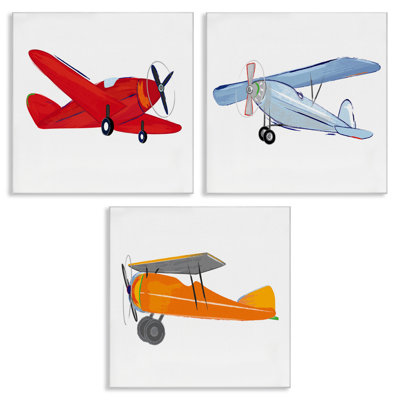 Triple Colourful Airplanes Drawing 3 Piece Canvas Wall Art Set by Sweet Pea Studio