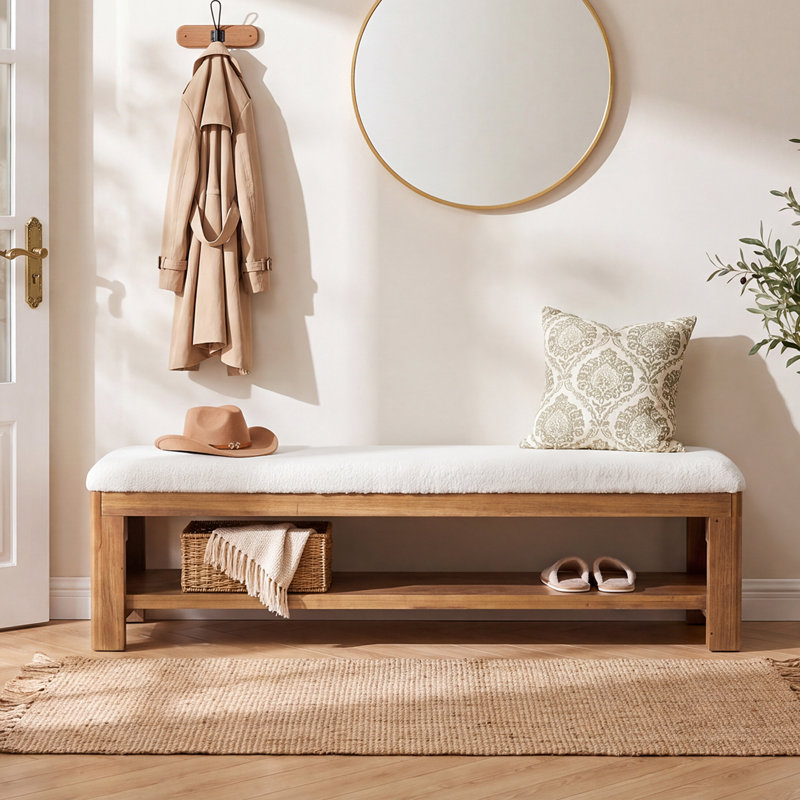 Banc pour chaussures 62,9 pouces en bois massif avec rangement et siège rembourré pour le salon et la chambre à coucher
