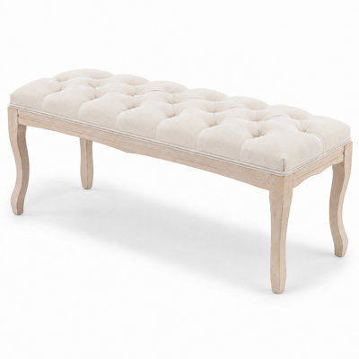 French Country Button Tufted Solid Rubberwood Upholstered Bench For Bedroom And Hallway