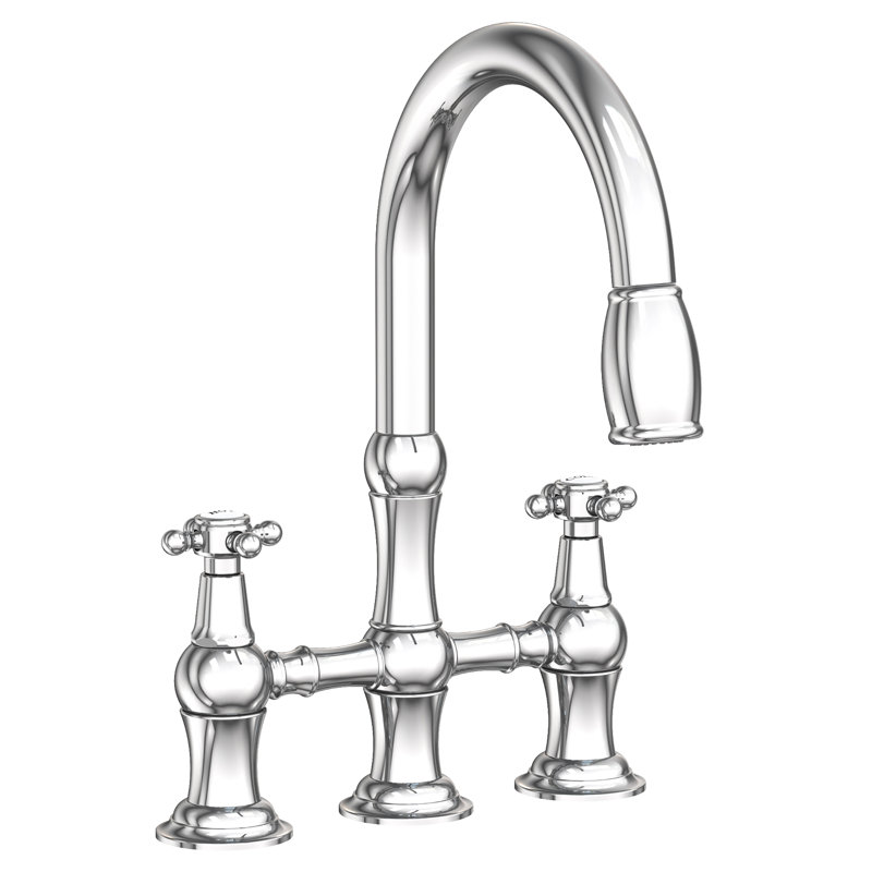 Chesterfield Pull Down Bridge Faucet, Polished Chrome, Cross Handle