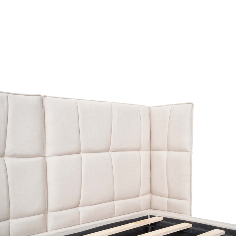 Queen Size Upholstered Platform Bed With LED Lights And U-Shaped Headboard,Linen Fabric, Beige