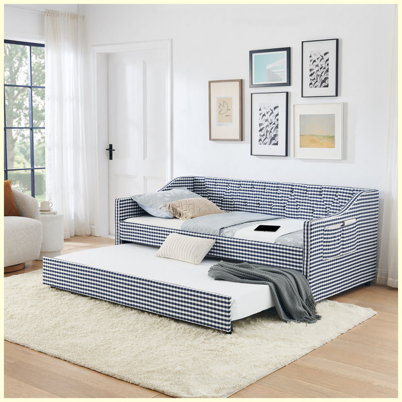 Dark Blue Twin Size Upholstered Convertible Daybed with Tufted Backrest, Trundle, and Storage, Twin
