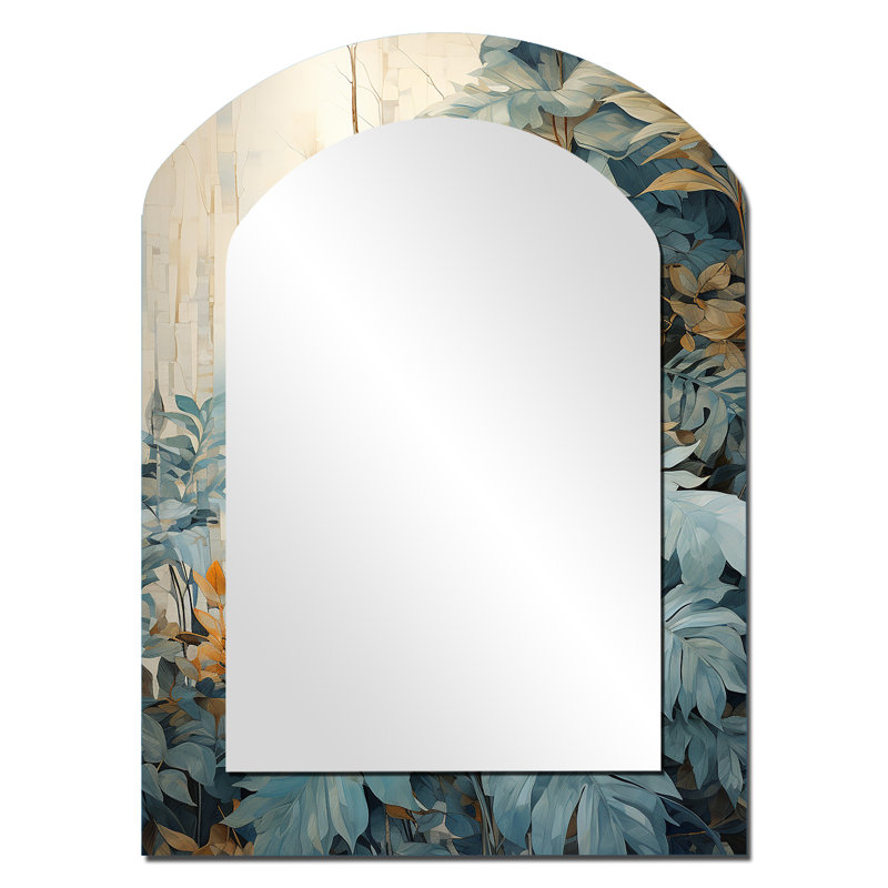 Miroir mural blanc et bleu Tropical I - Jungle Arch, miroir décoratif asymétrique beige, impression sur métal, 34 po x 25 po