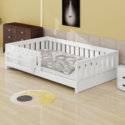 Space Saving Platform Bed With Guardrail And Shelf Storage