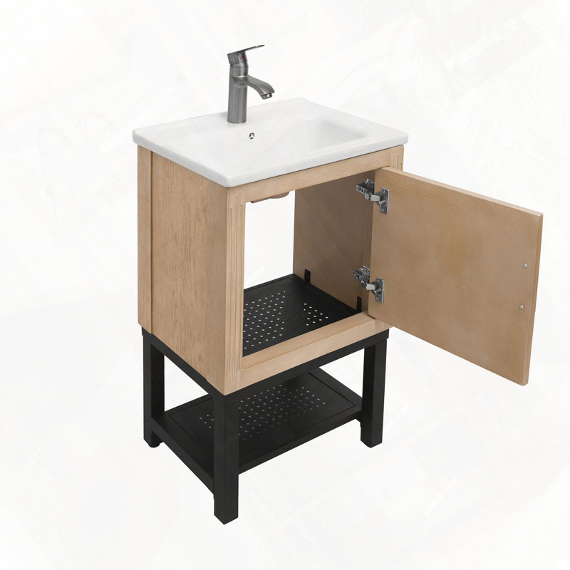 Bathroom Vanity With Sink Hot Cold Faucet Freestanding Cabinet Ceramic Basin Storage Organizer Door Open Iron Shelf, Natural