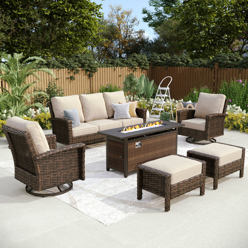 Premium All-weather Wicker 7 - Person Patio Conversation Sets With Fire Pit Table, Beige