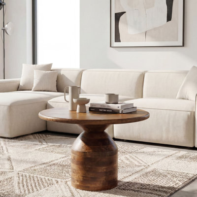 Round Solid Mango Wood Coffee Table with Pedestal Base