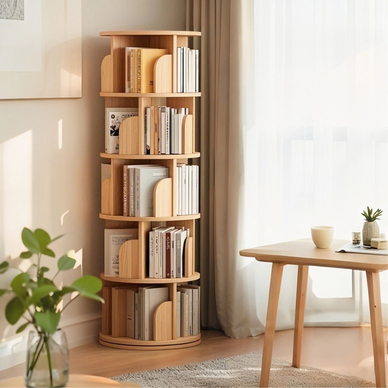 Bibliothèque rotative 5 niveaux 360 ° avec bord incurvé, déflecteur enveloppant et grand espace de rangement pour les petits espaces dans la chambre à coucher, le bureau, la base en bois double couche à affichage couleur, utilisation multifonctionnelle à bord stable