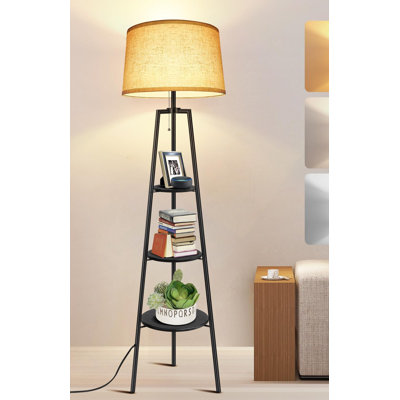 Lampe trépied moderne noir avec tablettes de rangement à 3 niveaux et température de couleur réglable