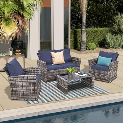 4 Piece Rattan Sofa Seating Group with Cushions