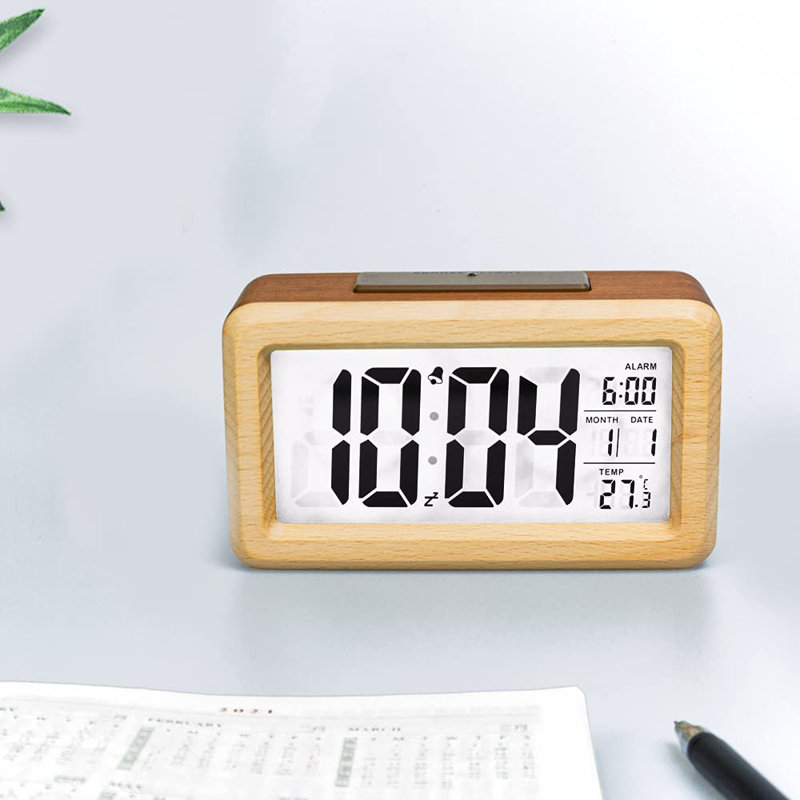 Bedroom Wooden Digital Alarm Clock Battery Powered With Smart Sensor Night Light, Temperature Detection, Snooze Function