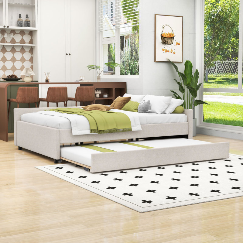 Linen Upholstered Daybed with Built-in USB Ports and Twin Trundle, Full/Double