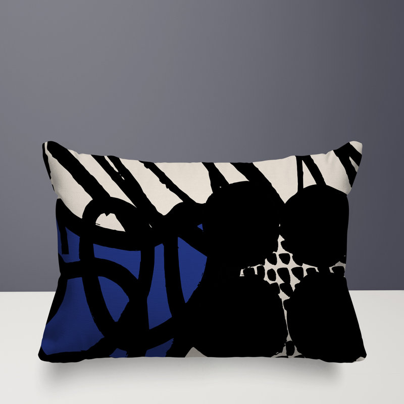 Coussin rectangulaire intérieur / extérieur Aloe, H 14 po x l 20 po, Bleu marine / noir / blanc cassé